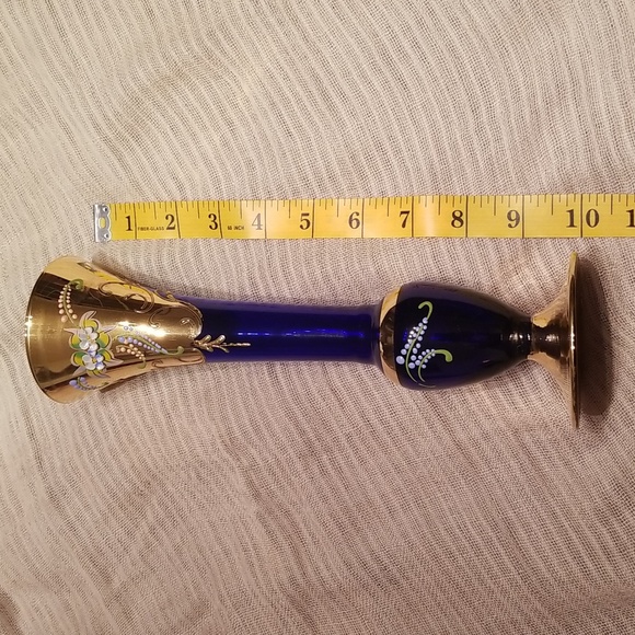 70s Vintage 24 Carat Gilded Venetian Cobalt Blue Blown Glass Bud Vase - Picture 14 of 17